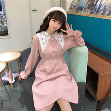 2019 Spring Women's Korean Casual Lace Peter pan Collar Knee-Length Dress Retro Bottoming Dress 2024 - buy cheap