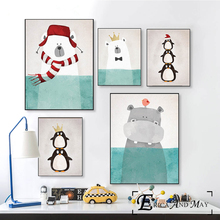 Hippo Bear Penguin Christmas Animals Canvas Prints Modern Painting Posters Wall Art Pictures For Kids Room Decoration No Frame 2024 - buy cheap