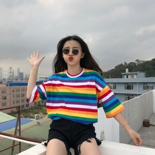 Camiseta de moda para mujer, Tops a rayas de arcoíris, camiseta Harajuku, camiseta de manga corta de moda coreana 2024 - compra barato