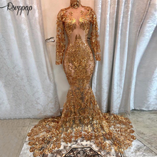 Long Sexy Prom Dresses 2021 See Through High Neck Long Sleeve Gold Sequin African Black Girl Mermaid Illusion Prom Dress 2024 - buy cheap