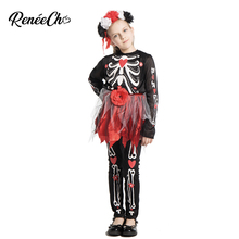 Traje de halloween roupa para crianças, traje do dia das meninas morto, flor, esqueleto, vestido fantasia para 4-12 anos de idade 2024 - compre barato