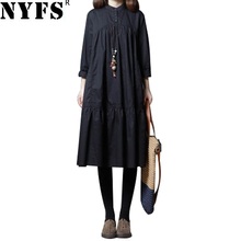 NYFS 2021 New Spring Autumn Womsn Dress  Cotton Linen Vintage Loose Long Sleeve Solid Office Dress Vestidos Robe 2024 - buy cheap