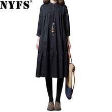 NYFS-vestido holgado de algodón y lino para mujer, ropa de oficina de manga larga, Estilo Vintage, color liso, para primavera y otoño, novedad de 2021 2024 - compra barato