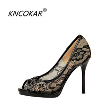 KNCOKAR-zapatos de tacón ultraalto para mujer, calzado de verano, sexy, con plataforma, de malla, de encaje, Boca de pescado 2024 - compra barato