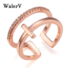 WalerV-Anillo de boda para mujer, conjunto de joyería de lujo con encanto, circonita blanca, cristal cruzado, anillo abierto de oro rosa 2024 - compra barato