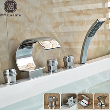 Bright Chrome Bathroom Waterfall Tub Mixer Faucet Set Deck Mounted with Handshower 3 Handles Widespread Bathtub Taps 2024 - buy cheap
