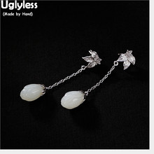 Uglyless 100% Real Solid 925 Sterling Silver Maple Earrings Natural Jade Flower Magnolia Fine Jewelry for Women Brincos Leaves 2024 - buy cheap