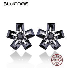 Blucome Fashion Silver Color Flower Shape Stud Earring Black Rhinestone Jewelry Women's Girls Ear Accessories Gifts 2024 - buy cheap