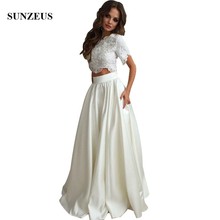 Prom Two Piece Ivory Long Party Gowns Appliques Lace Crop Top Short Sleeves Prom Dresses Satin Girls Formal Wear 2024 - buy cheap