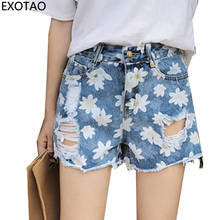 EXOTAO 2017 Fashion High Waist Jean Shorts Flower Printing Summer Women Shorts Casual Ripped Holes Denim Short Pants Female 2024 - buy cheap