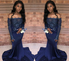 2019 South African Black Girls Prom Dress Long Sleeves Dark Navy Mermaid Holidays Graduation Wear Evening Party Gown Custom Made 2024 - buy cheap