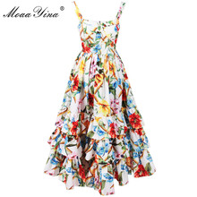 MoaaYina Fashion Designer Runway Dress Spring Women Spaghetti strap Backless Floral Print Ball Gown Cascading Ruffle Beach Dress 2024 - buy cheap