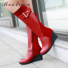Meotina Women Knee High Boots Winter Platform Boots Wedge Heels Fur Buckle Snow Boots Round Toe Female Shoes Red Big Size 11 46 2024 - buy cheap