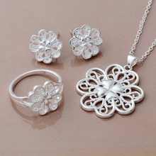 Conjuntos de joias banhados a prata, conjunto de joias de prata com flor brilhante e anel de colar/wkmmpkiy 2024 - compre barato