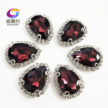 Top grade Silver bottom Glass Crystal buckle,Wine red Drop shape sew on rhinestones with holes,Diy/wedding decoration SWSKY17 2024 - buy cheap