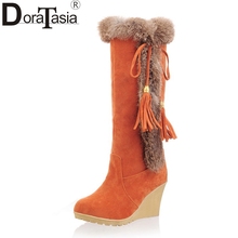 DoraTasia 2019 large size 35-42 Ladies wedges high heels winter warm fur shoes woman comfort slip on knee high snow boots women 2024 - buy cheap