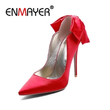 Enmayer sapatos de salto alto femininos, sapatos de verão, tamanho grande 34-43, bico fino, stiletto, sapatos de festa, laço cr707 2024 - compre barato