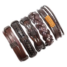 ZotatBele Handmade Vintage 5pcs/set ethnic tribal genuine bracelet wrap charming male pulsera brown braided leather bangle F63 2024 - buy cheap