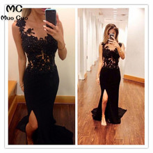 New Arrival 2018 Black Mermaid Prom Dresses Long with Appliques Lace Front Slit Formal Women's Evening Dresses Prom Dress 2024 - buy cheap