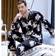 Men's New Large Size Silk Nightgown All Seasons Suit Long-sleeved Shirt+Trousers 2pcs Sleepwear Home Service Ice Silk 2019 J008 2024 - buy cheap