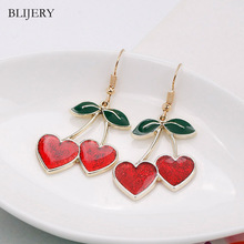 BLIJERY Korea Sweety Fruit Cherry Drop Earrings for Women Girls Cute Red Hearts Hanging Dangle Earrings Femme Summer Jewelry 2024 - buy cheap