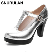 SNURULAN High Quality T Strap Genuine Leather Shoes Woman High Heels 2018 Platform Pumps Women Office Work ShoesE607 2024 - buy cheap