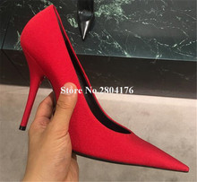 Sapato feminino salto fino cetim ponta fina, sem cadarço vermelho azul roxo 2024 - compre barato