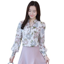 Sweet Floral Printed Chiffon Blouses Women Korean Style Long Lantern Sleeve Stand Collar Shirts Tops Female 2018 Spring Autumn 2024 - buy cheap