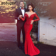 Robe De Sofuge/красное Трикотажное вечернее платье с длинным рукавом в стиле Русалочки, для арабских и мусульманских вечеринок 2024 - купить недорого