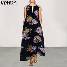 VONDA 2020 Womens Summer Dress Beach V Neck Floral Print Maxi Dresses Bohemian Vintage Sleeveless Vestido Plus Size Robe Femme 2024 - buy cheap