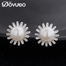 DOYUBO-pendientes de perlas de agua dulce para mujer, pendientes de tuerca de girasol plateado puro, Perla blanca redonda, joyería fina para mujer VC203 2024 - compra barato