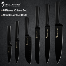Sowoll 6pcs Stainless Steel Kitchen Knives Set All Black Handle Seamless Welding Chef Slicing Bread Santoku Utility Paring Knife 2024 - buy cheap