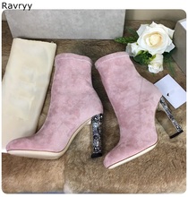 Pink Suede Woman Ankle Boots Bling Bling colorful crystal decor Female Short Boot thick Heel concise style Autumn Winter shoes 2024 - buy cheap