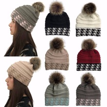 HanXi Faux Fur Pom poms Beanie Women Winter Hats Houndstooth Crochet Knitted Ski Cap Skullies Beanies Warm Caps for Ladies 2024 - buy cheap
