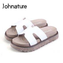 Johnature 2021 New Summer Slippers Solid Color Outside Flat With Sandals Sewing Platform Slides Rome Style Mid Heels Women Shoes 2024 - buy cheap