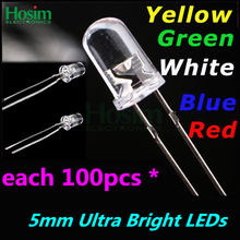 Free Shipping! 5 colors x100pcs =500pcs New 5mm Round Super Bright Red/Green/Blue/Yellow/White Water Clear LED Light Diode kit 2024 - купить недорого