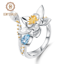 Женское кольцо gemb's BALLET, регулируемое кольцо из серебра 925 пробы с натуральным швейцарским синим топазом и цветами ручной работы 2024 - купить недорого