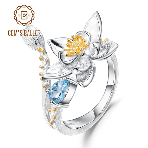 Женское кольцо gemb's BALLET, регулируемое кольцо из серебра 925 пробы с натуральным швейцарским синим топазом и цветами ручной работы 2022 - купить недорого