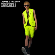 M-xxxl 2021 New Korean Mne's Fashion Slim Fluorescent Yellow Vest Set Ds Singer Performance Suits Men Pure Color Clothing 2024 - buy cheap