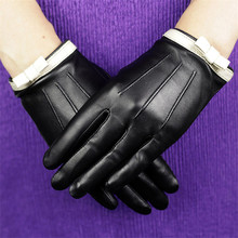 Genuine Leather Gloves Female Fashion Butterfly Knot Sheepskin Gloves Plus Velvet Thicken Black Woman's Gloves DQ106 2024 - buy cheap