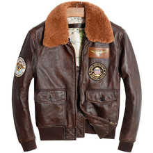 Мужская мотоциклетная куртка из натуральной коровьей кожи, коричневое винтажное летное пальто-Авиатор с меховым воротником, модель 3XL в винтажном стиле 2024 - купить недорого