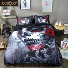 Bonenjoy-Juego de ropa de cama con calavera estilo Halloween, Sábana de cama Queen y King, ropa de cama doble de lino con flores, conjunto de funda nórdica con calavera 2024 - compra barato