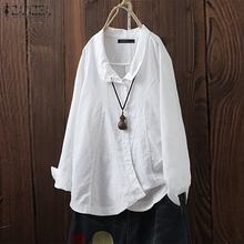 ZANZEA-Blusa informal de lino con botones para mujer, camisa de manga larga con cuello de solapa, Estilo Vintage, para otoño 2024 - compra barato
