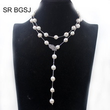 Free Shipping White Edsion FW Pearl Beads Brass Drop Leaf Rope Pearl Beads Sweater Necklace 9-10mm 36" 2024 - buy cheap