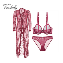 Varsbaby sexy transparent yarn unlined underwear set bras+panties+robe+thongs 4 pcs plus size  for women 2024 - buy cheap