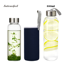 Botella de agua de vidrio con cubierta de tela, mezclador de proteínas, taza deportiva para beber, para viaje, 550ml 2024 - compra barato