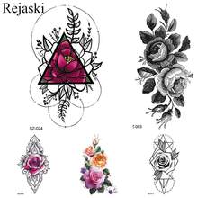 Rejaski tatuagem temporária com flor geométrica colorida, tatuagens falsas para mulheres, pontas de maquiagem em lotus, tatuagem à prova d'água, folha de rosa preta 2024 - compre barato