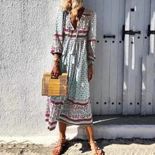 Fashion Summer Bohemian Women Beach Sundress Sun Triangle Print Tassel Deep V-neck Ladies Long Sleeve Party Midi Dress vestidos 2024 - buy cheap