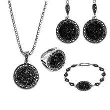 Hesiod vintage preto conjunto de jóias moda feminina antigo prata cor cristal redondo pedra pingente colar brincos pulseira conjuntos 2024 - compre barato