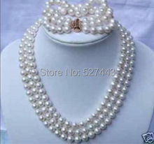 Оптовая продажа> 3 ряда 7-8 мм белый пресноводный жемчуг ожерелье и браслеты 2024 - купить недорого